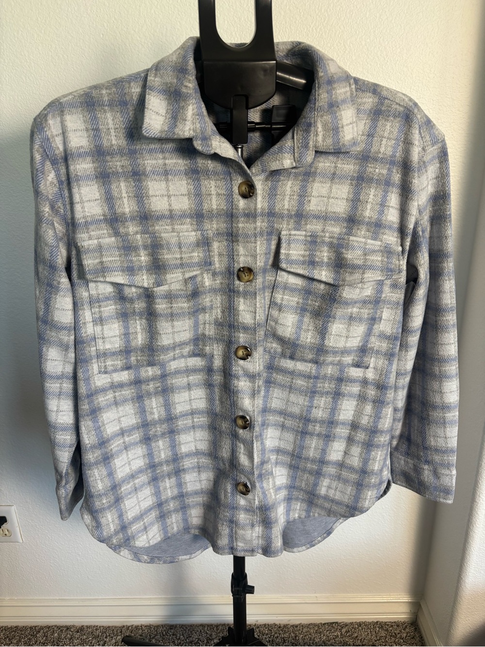 beachlunchlounge Light Blue and White Plaid Utility Shacket